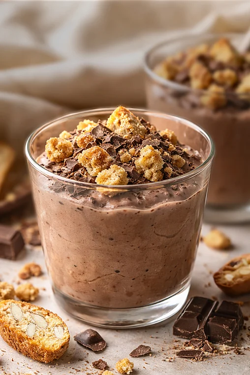 Ricotta-Schoko-Creme im Glas mit Cantuccini-Topping und Schokosplittern