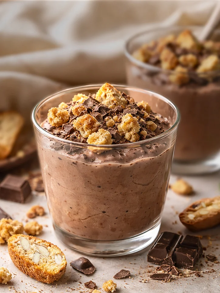Ricotta-Schoko-Creme im Glas mit Cantuccini-Topping und Schokosplittern