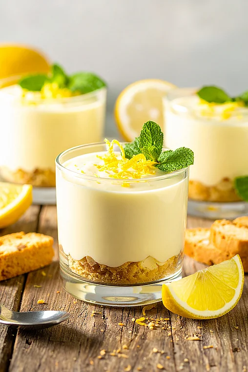 Zitrone-Cantuccini-Cremedessert im Glas mit Cantuccini-Boden, Zitronenabrieb und Minzblatt