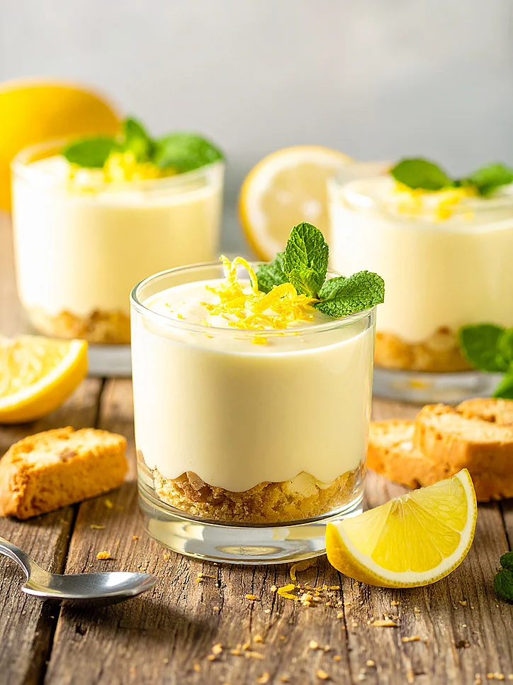 Zitrone-Cantuccini-Cremedessert im Glas mit Cantuccini-Boden, Zitronenabrieb und Minzblatt