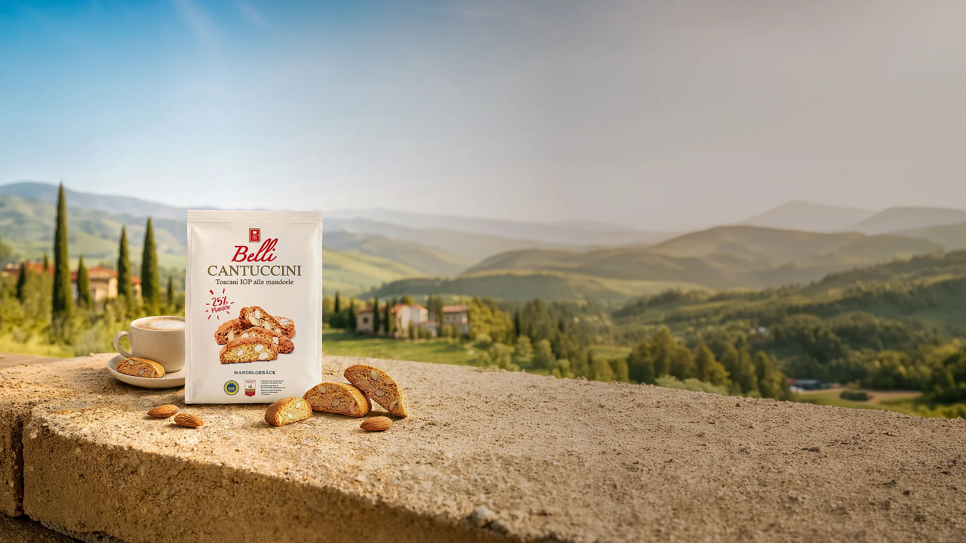 Belli Cantuccini Classic serviert mit einem Cappuccino vor dem Hintergrund der Landschaft der Toscana